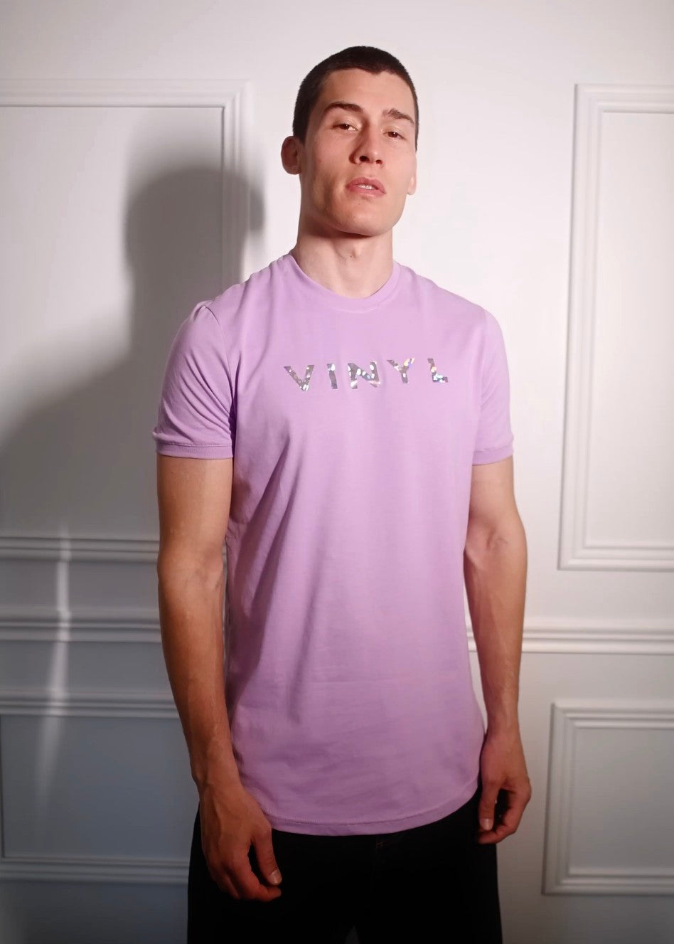 Vinyl shirt with mirrored lilac cotton long line regular fit for men