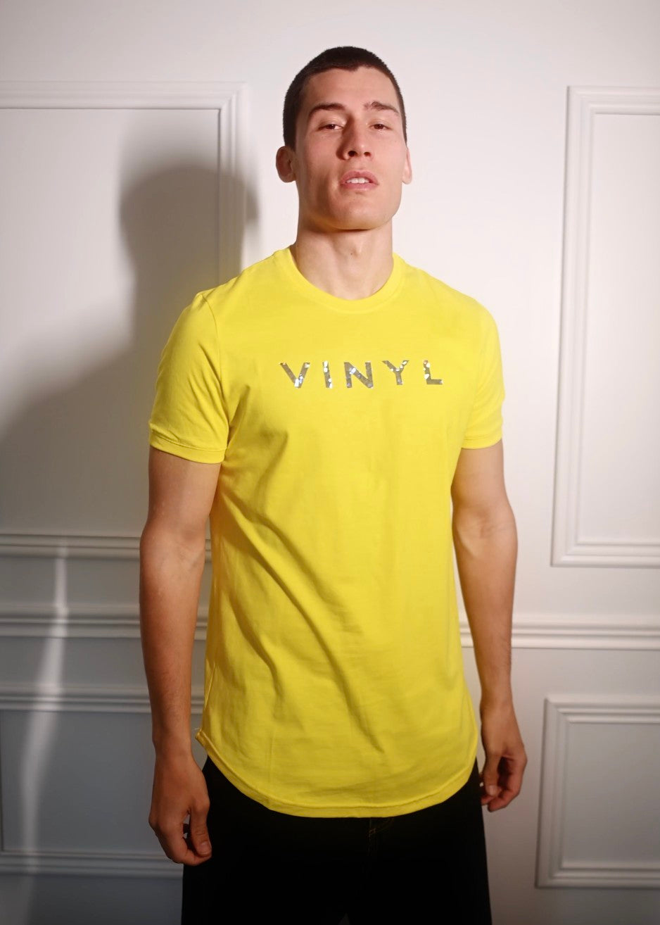 Vinyl shirt with mirror yellow cotton long line regular fit for men