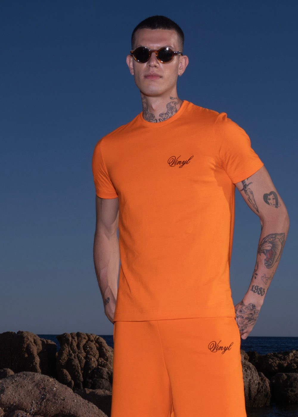 Vinyl shirt with embroidery orange cotton regular fit for men