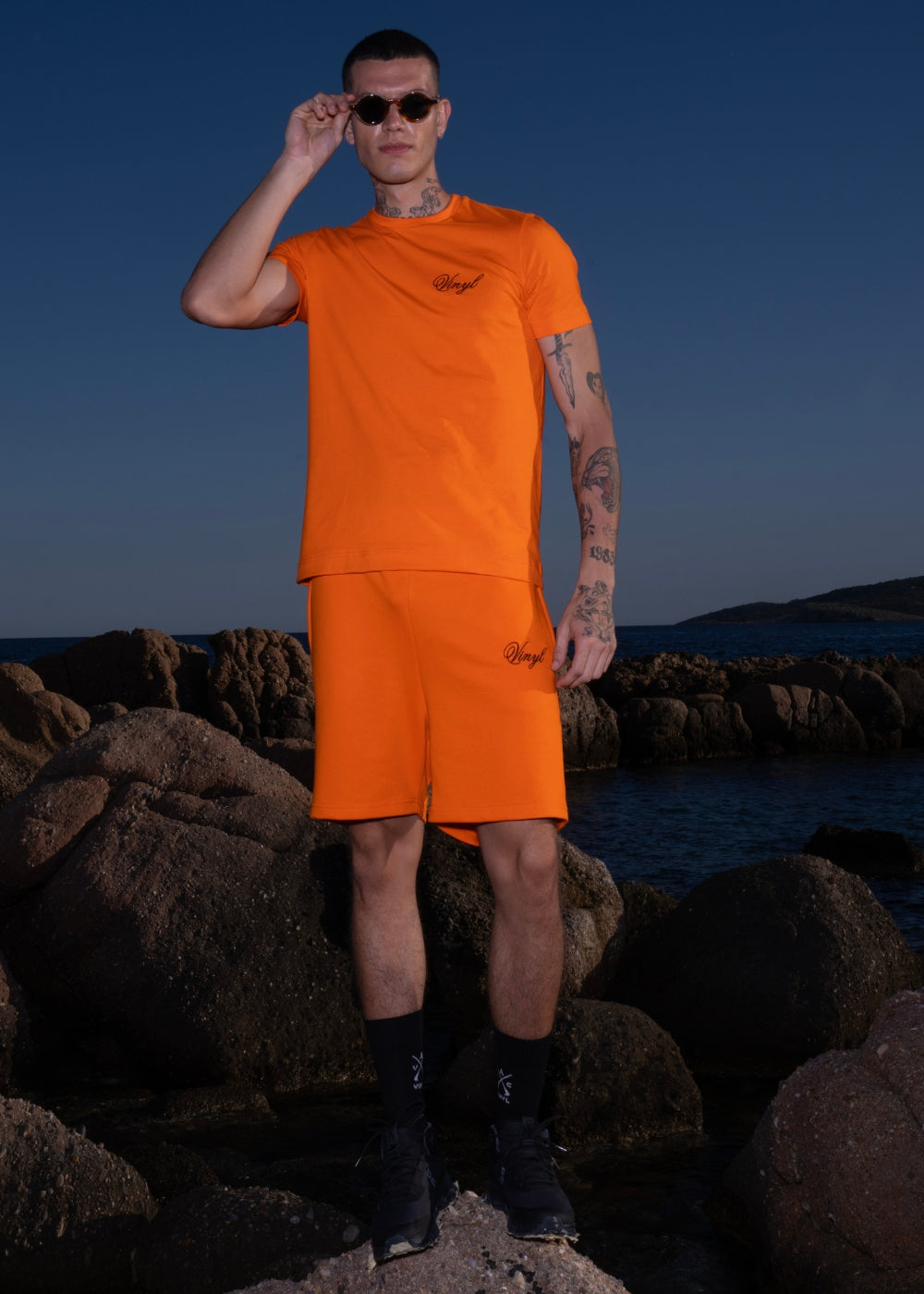 Vinyl shirt with embroidery orange cotton regular fit for men