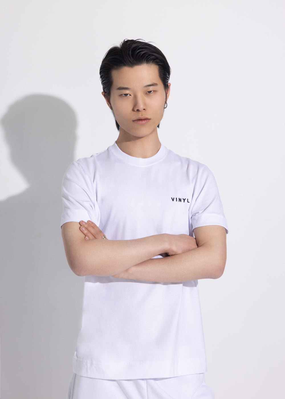 Vinyl embroidered white cotton regular fit shirt - needlecraft logo tee