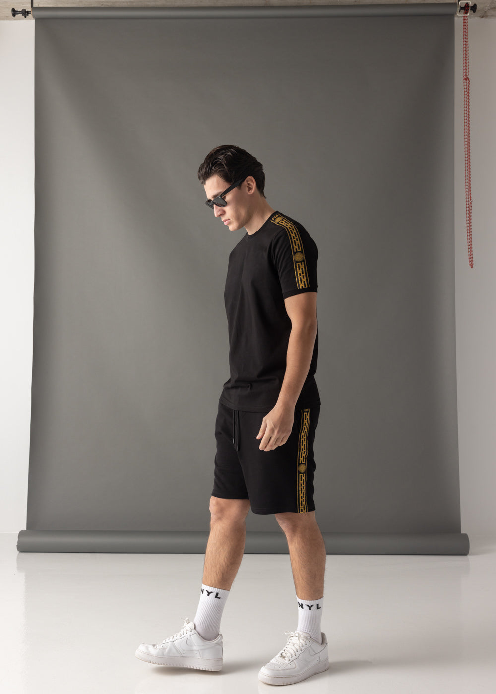 Vinyl bermuda shorts with braids black cotton regular fit - gold taped shorts