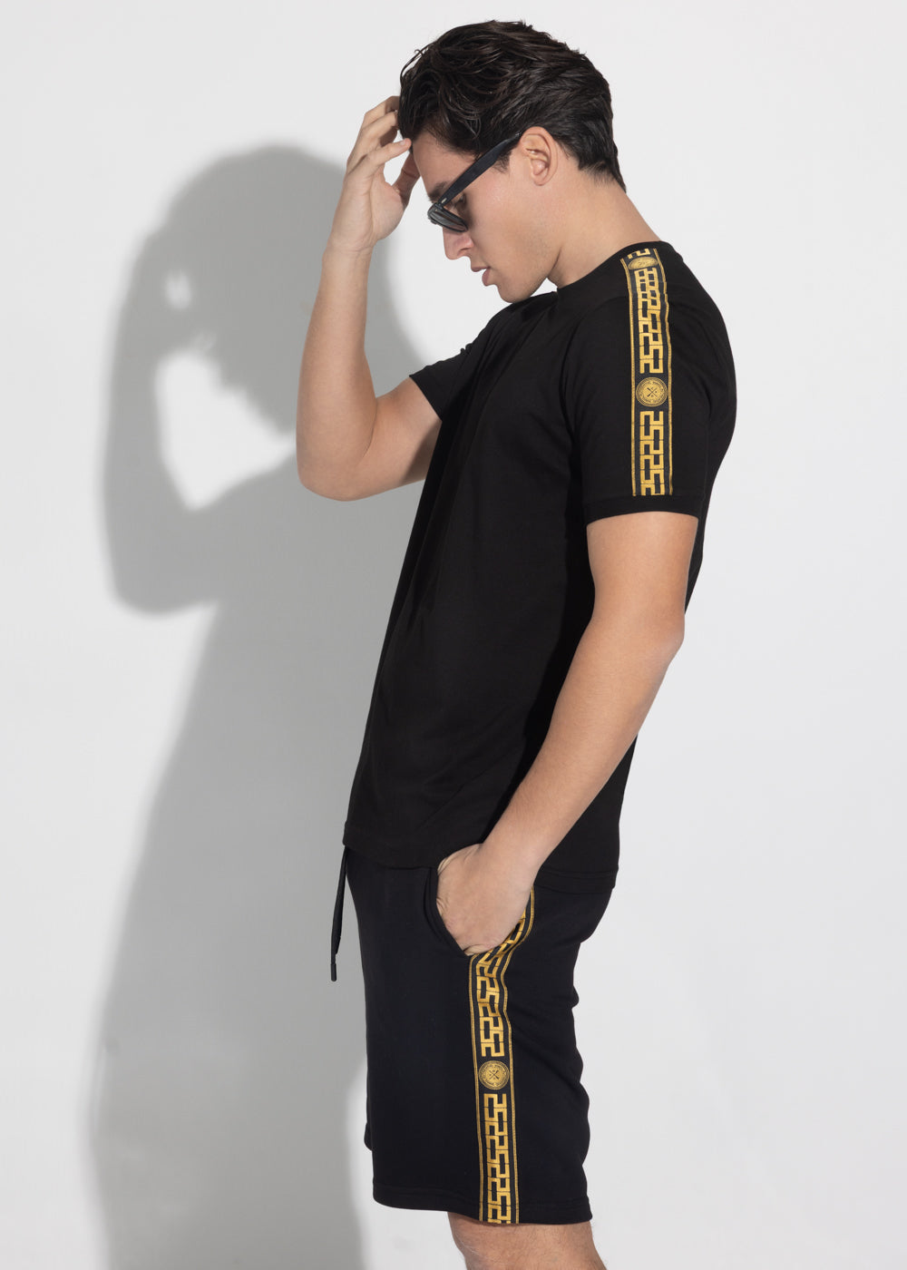 Vinyl bermuda shorts with braids black cotton regular fit - gold taped shorts