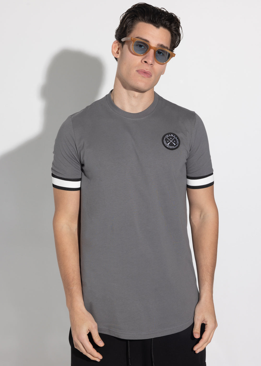 Vinyl t-shirt with elastic cuff, grey cotton long line regular fit - t-shirt with elastic cuff