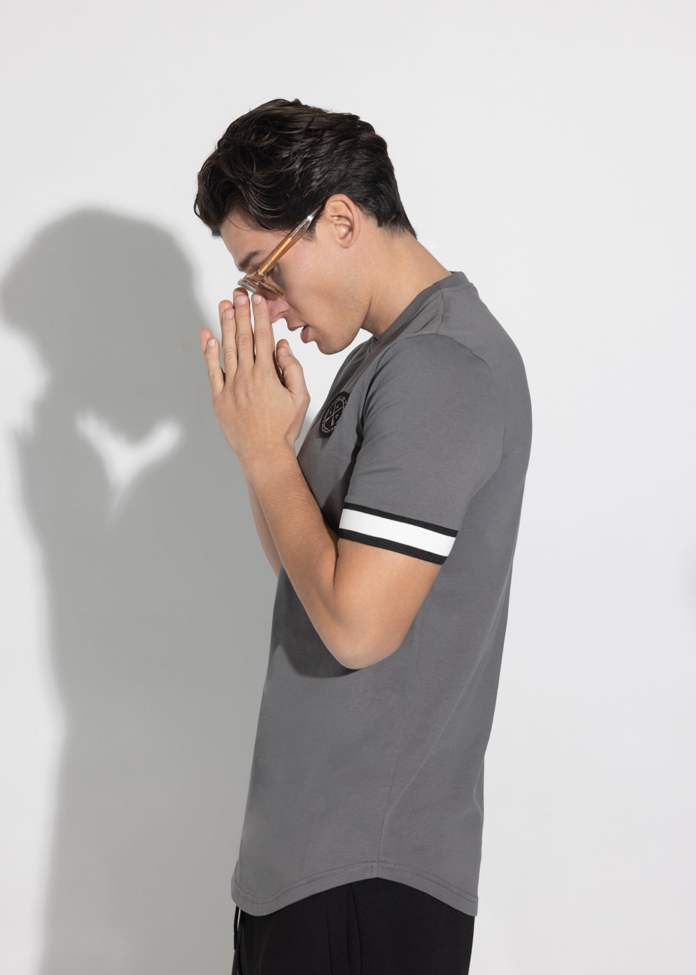 Vinyl t-shirt with elastic cuff, grey cotton long line regular fit - t-shirt with elastic cuff