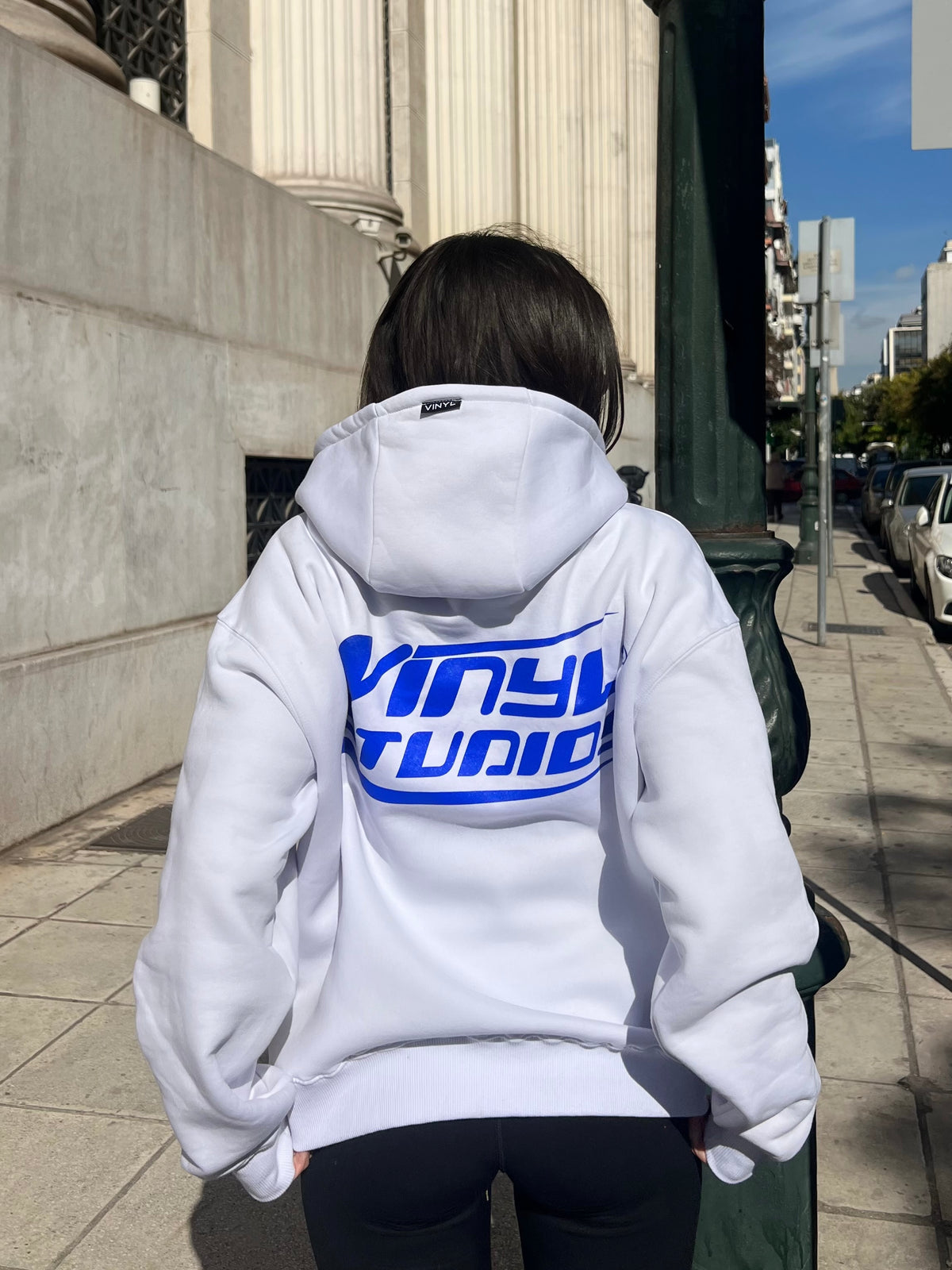 Vinyl sweatshirt white with print cotton oversized - studios v beat hoodie