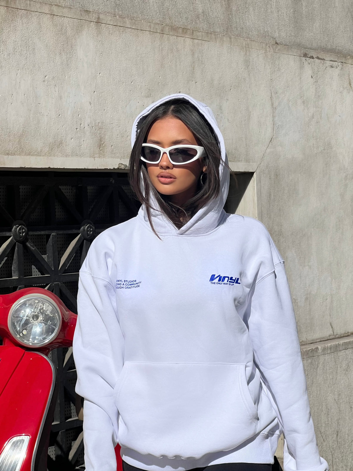 Vinyl sweatshirt white with print cotton oversized - studios v beat hoodie