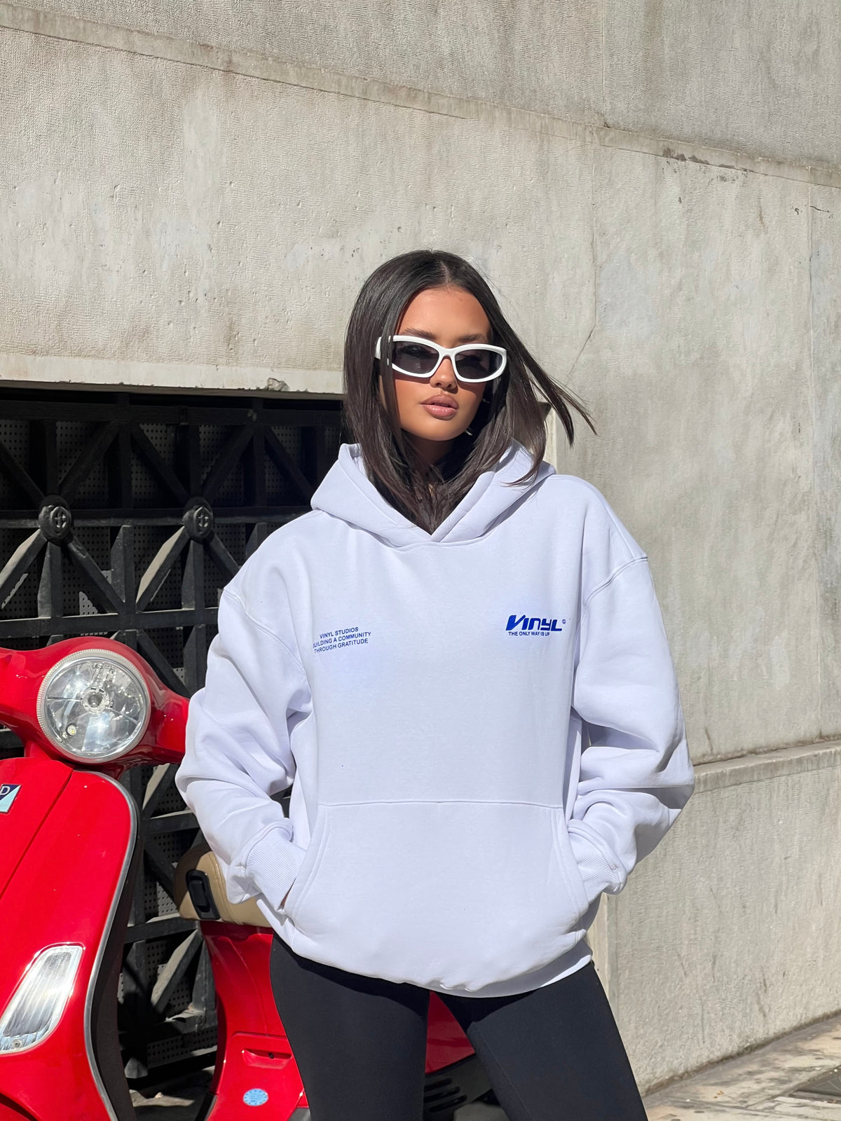Vinyl sweatshirt white with print cotton oversized - studios v beat hoodie
