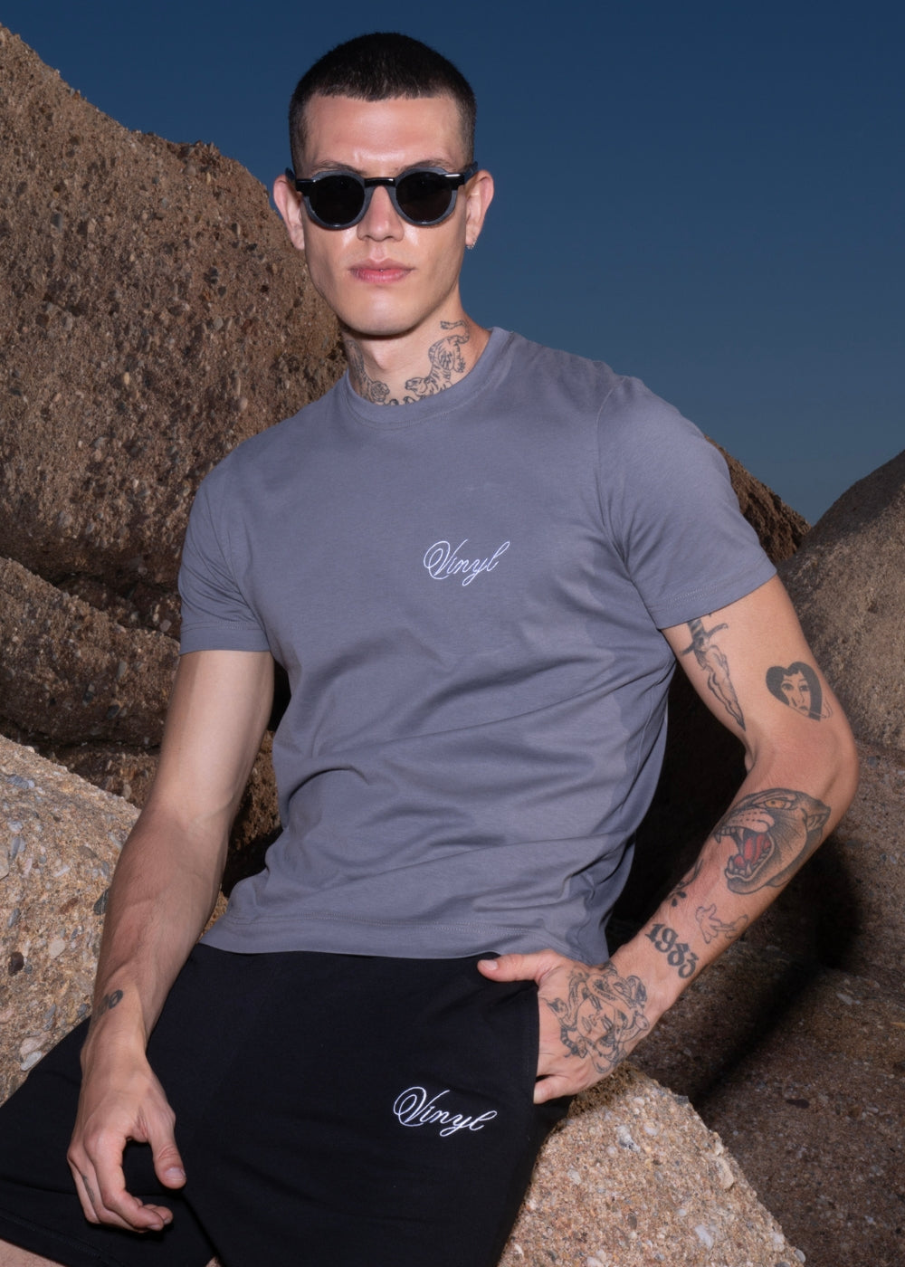 Vinyl μπλουζα με κεντημα γκρι cotton regular fit ανδρικη