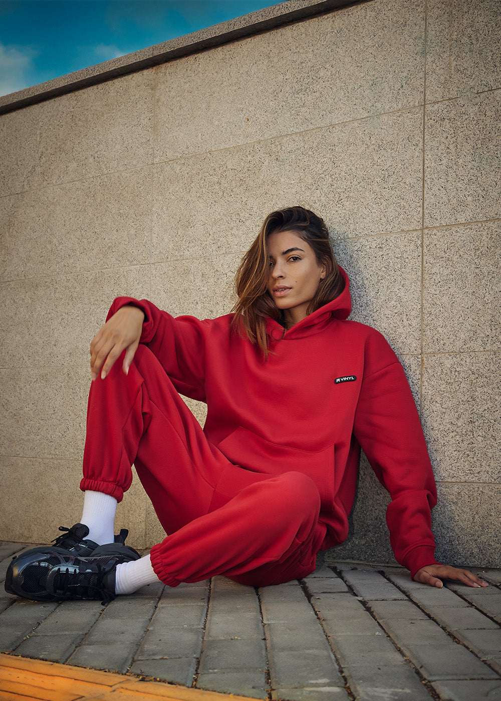 Vinyl φουτερ κοκκινο  cotton oversized - emblem hoodie
